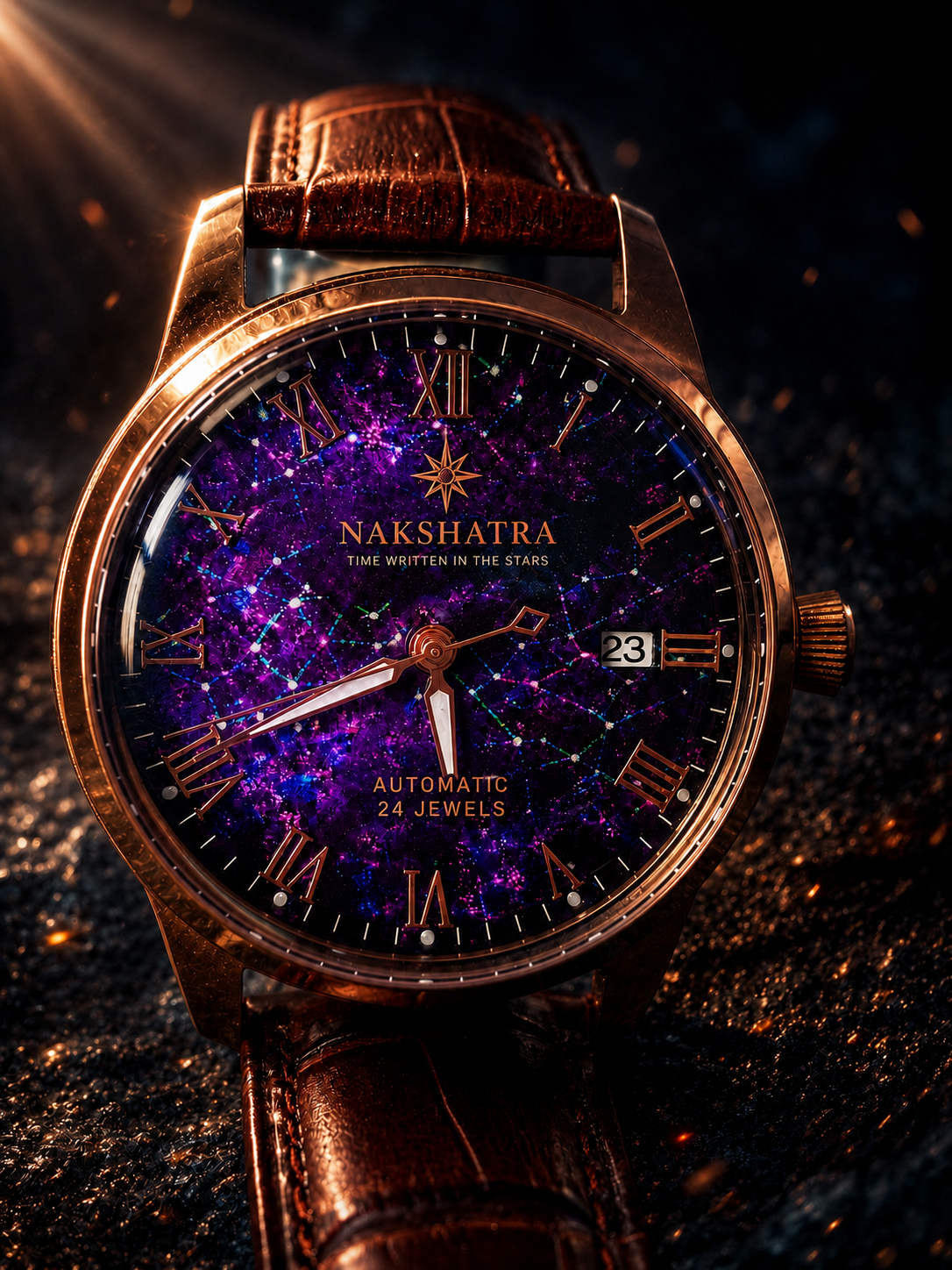 Nakshatra rose-gold automatic watch close-up with a purple celestial dial and brown leather strap