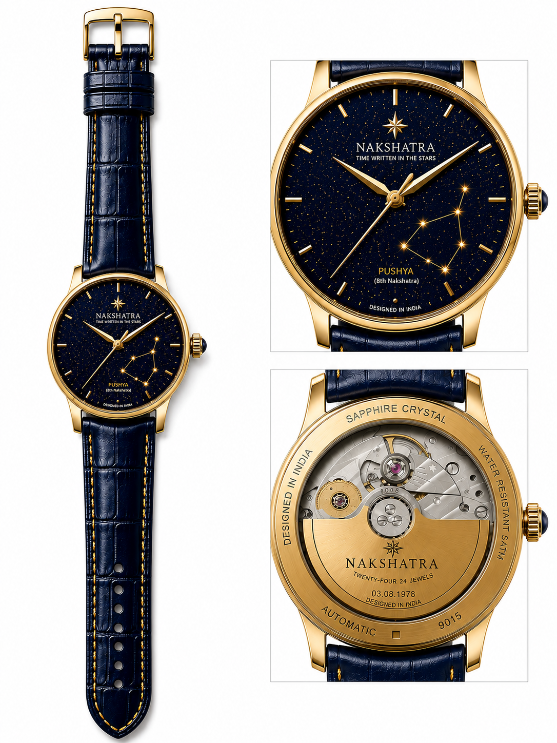 Nakshatra Pushya catalog sheet showing full watch, dial and exhibition caseback
